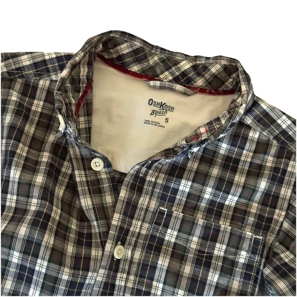 OshKosh B'Gosh Boy's Plaid Long Sleeve Button Down Shirt Blue Green Cotton Sz 5